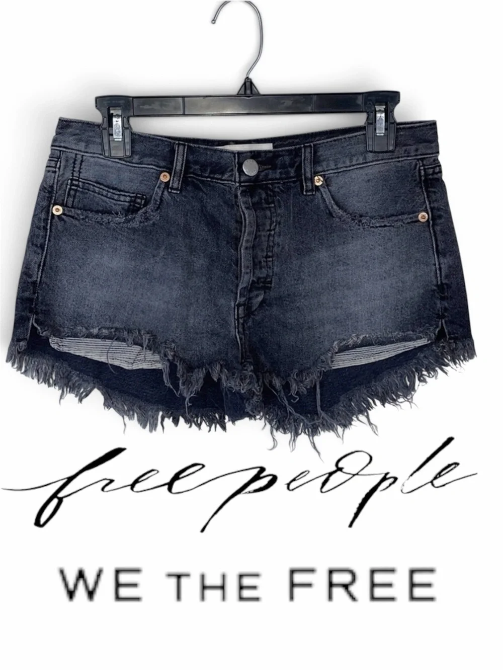 Free People Frayed Denim Shorts Black Wash 100% Cotton Cut Off Frayed Size 27